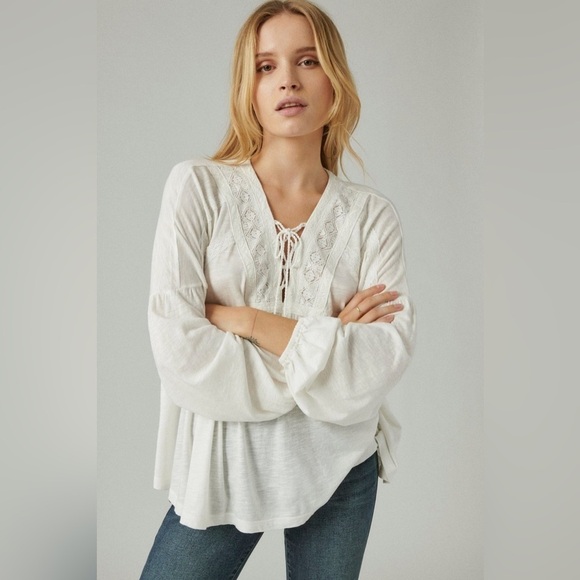 Lucky Brand Lace Up Trim cotton boho Peasant Top size small white - Picture 1 of 15